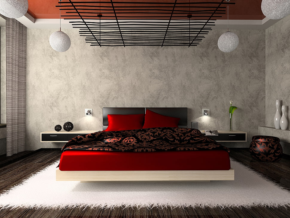 red bed cushion with brown spreadsheet HD wallpaper