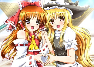 two long blonde haired women anime character illustration