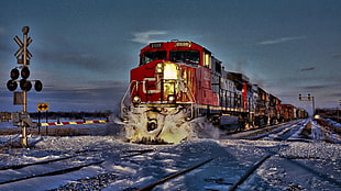 red train near road signage