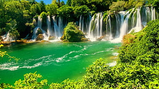 waterfalls and green body of water, waterfall, Kravice, Bosnia and Herzegovina HD wallpaper