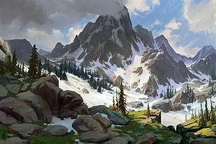 mountain covered with snow, artwork, drawing, nature, mountains