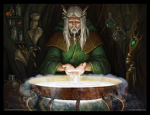 white-haired elf, painting, fantasy art