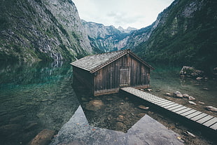 brown wooden cabin, nature, hut, lake, mountains
