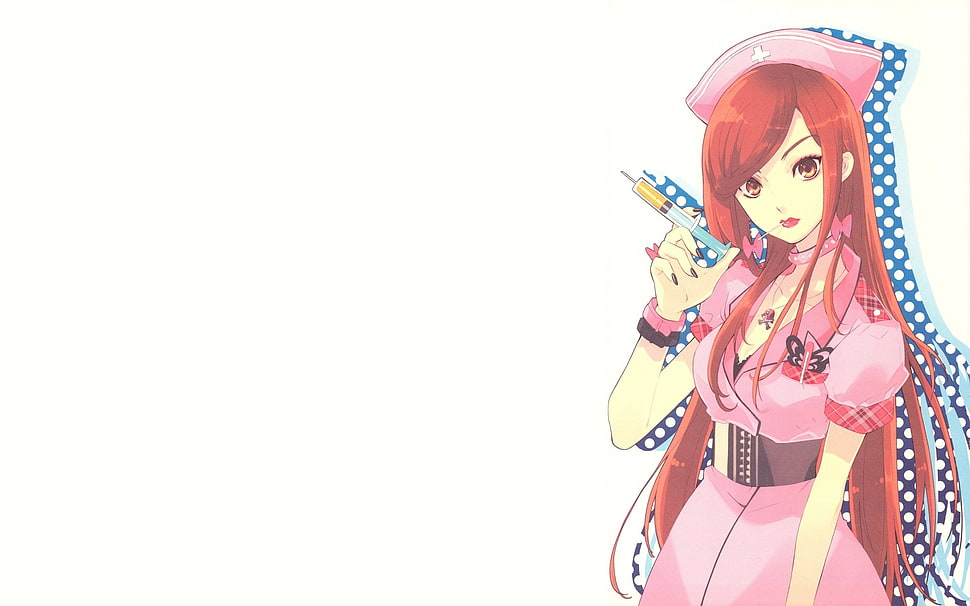 brown haired anime character in pink nurse uniform HD wallpaper