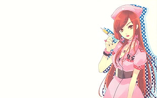 brown haired anime character in pink nurse uniform