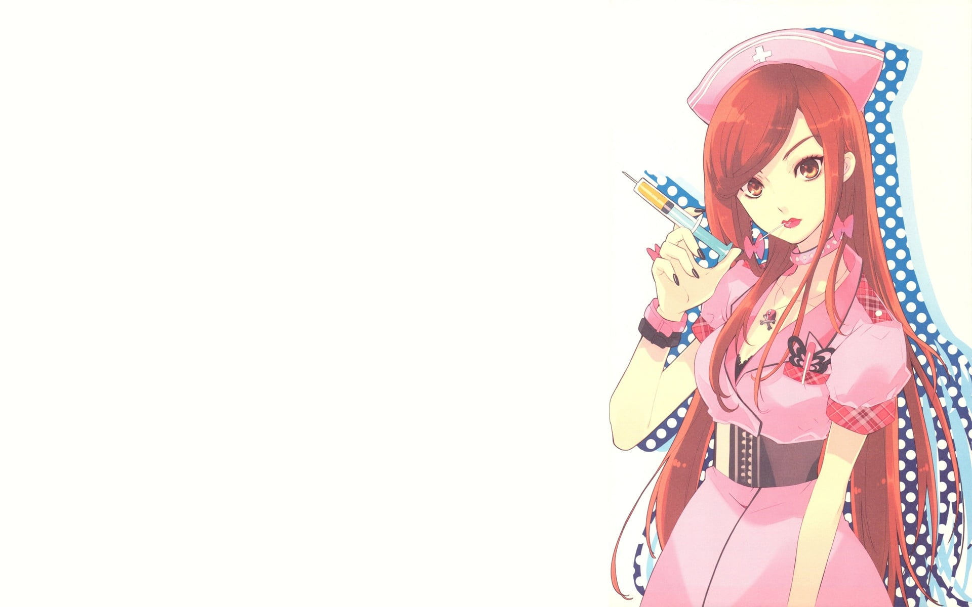 brown haired anime character in pink nurse uniform