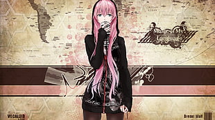 pink haired female anime character illustration, music, hoods, map, microphone