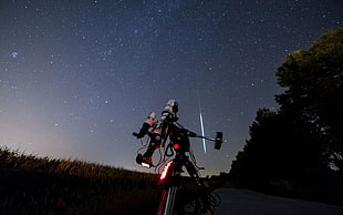 black reflector telescope, telescope, starry night, trees, night