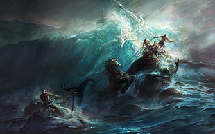 illustration of people riding chariot at sea, fantasy art, painting, render, artwork