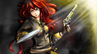 red haired anime character with revolver, artwork