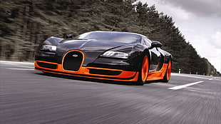 black and orange Bugatti Veyron, Bugatti Veyron, road