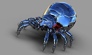 blue spider robot toy, insect, metal, render, CGI