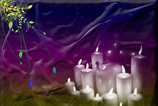 purple and yellow colors with white lighted candles 3D wallpaper