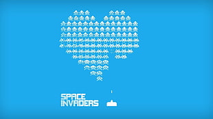 Space Invaders cover, blue background, retro games, Space Invaders, video games HD wallpaper