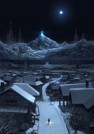 houses near mountain photo, night, snow, mountains HD wallpaper