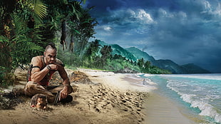 painting of man holding gun near body of water during daytime
