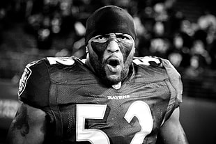 grayscale photography of Raven NFL player