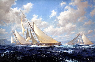 white galleon ship, sailing ship, cliff, sea, artwork