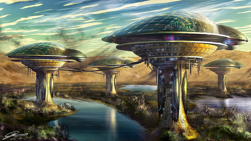brown and white wooden table, science fiction, futuristic city, artwork HD wallpaper
