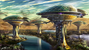 brown and white wooden table, science fiction, futuristic city, artwork