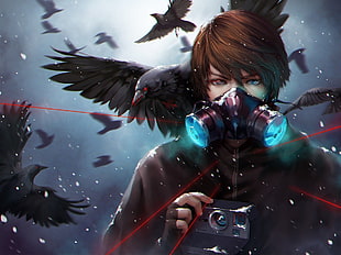 male Anime character with gray black crow and gas mask HD wallpaper
