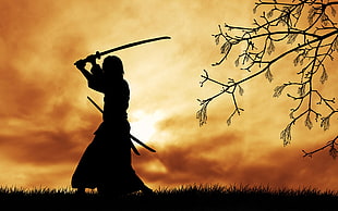 silhouette samurai digital wallpaper, samurai, Japanese clothes, katana, silhouette HD wallpaper