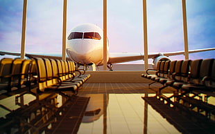 white airplane, airplane, passenger aircraft, chair, airport HD wallpaper
