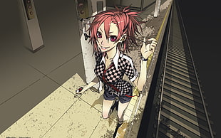 red hair female anime character in gray shirt and blue short digital wallpaper