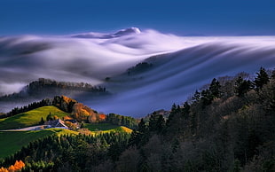 house on hill near fores with mountain covered with clouds painting, nature, mountains, forest, landscape