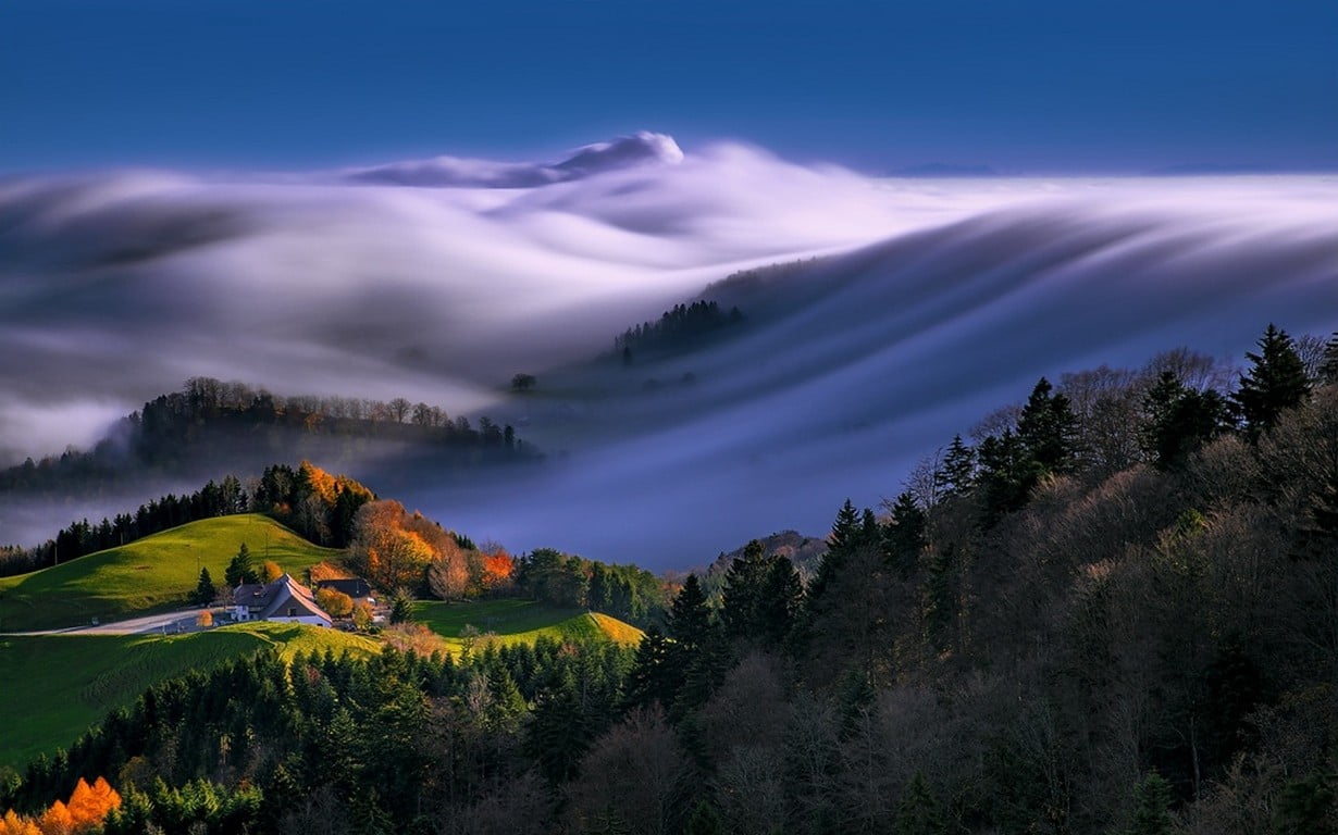house on hill near fores with mountain covered with clouds painting, nature, mountains, forest, landscape