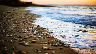 pebbles on seashore during sunset