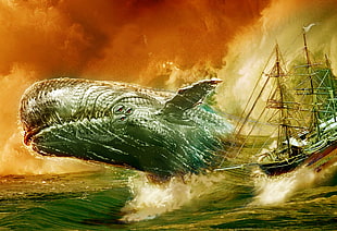 sperm whale jumping beside sail ship, nature, animals, digital art, artwork