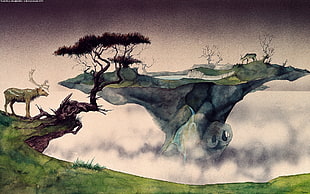 trees and body of water covered with fog painting, artwork