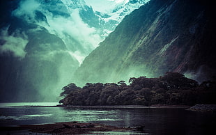 mountain range near the lake digital wallpaper HD wallpaper