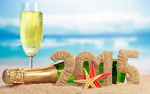 champagne bottle and flute, New Year, bottles, drink, sand HD wallpaper