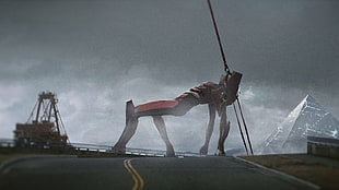 red and gray robot movie still, EVA Unit 02, Spear of Longinus, Neon Genesis Evangelion, road