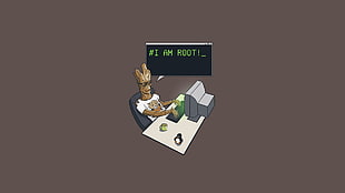 Groot using computer and sitting on the chair