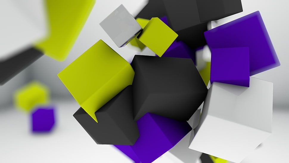 purple, black, green, and white cubes 3D graphic arts HD wallpaper