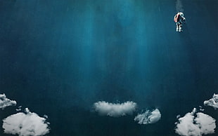 blue clouds, diving suits, scuba diving, clouds, artwork HD wallpaper