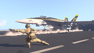 men's brown military suit, FA-18 Hornet, Arma 3, aircraft carrier, jet fighter HD wallpaper