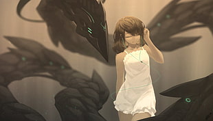 brown haired female anime character, music, white dress, futuristic