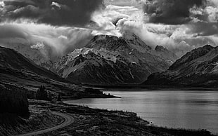 grayscale photo of mountain, nature, landscape, lake, mountains