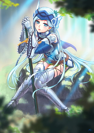 long blue haired female anime character wearing grey armour holding sword illustration, anime, anime girls, armor, weapon