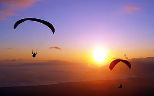 two silhouette of paragliding persons during golden hour