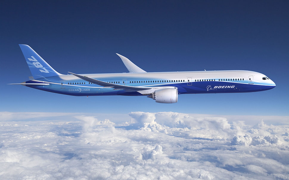 blue and white Boeing 787 plane with blue cloudy sky background HD wallpaper