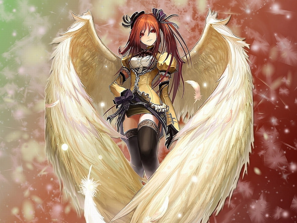 girl anime character in brown dress with wings illustration HD wallpaper
