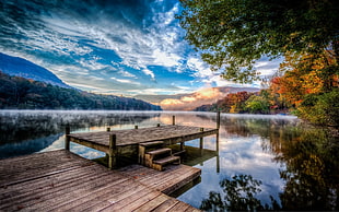 brown wooden dock, lake, nature, sunset, mountains