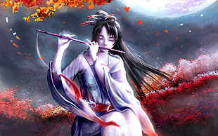 woman in white and blue kimono playing flute painting