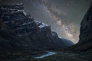 river between of mountains illustration, Milky Way, space, nature