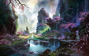 river beside high-rise mountain landscape painting